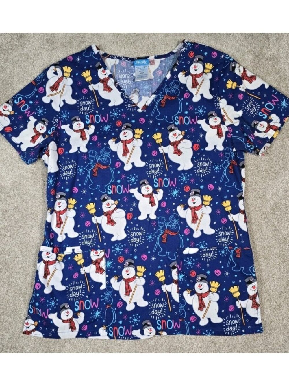 Frosty the Snowman Scrub Top Christmas Winter Holiday Medical Nurse Women's S